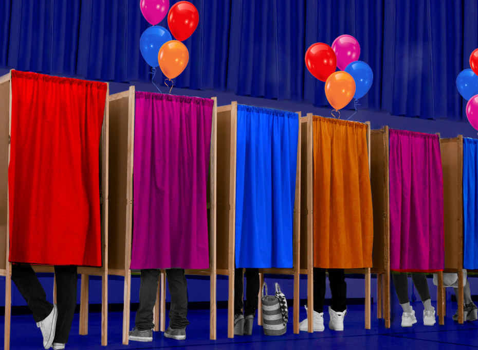 A row of voting booths with brightly coloured balloons