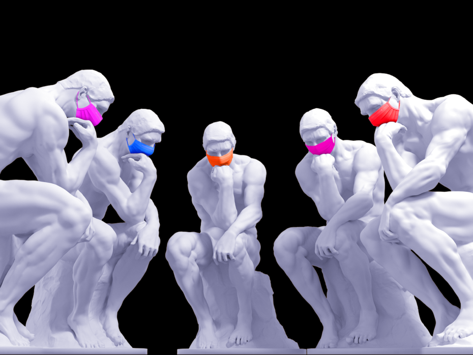 Five "Thinker" statues wearing face masks