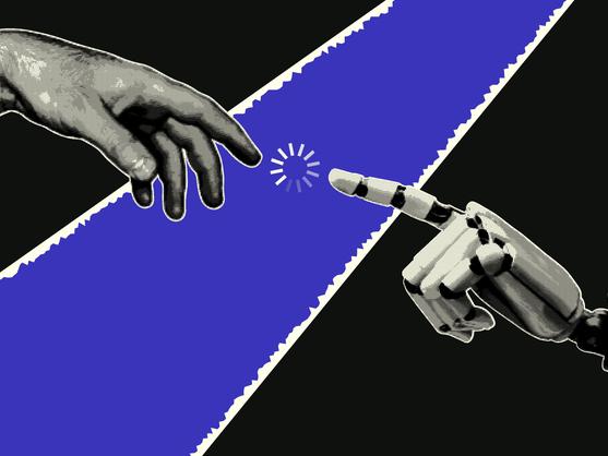 The hand of Adam reaches towards a robot arm, with a buffering sign in between