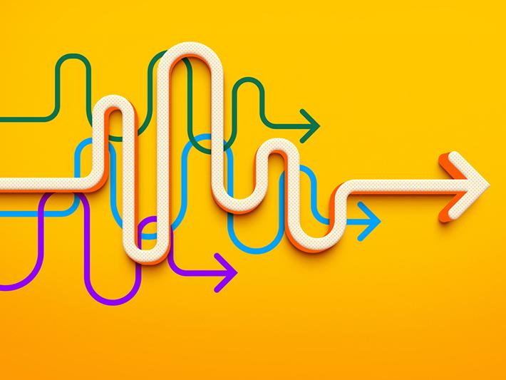Various sqiggly arrows straightening into the same direction, blended learning concept