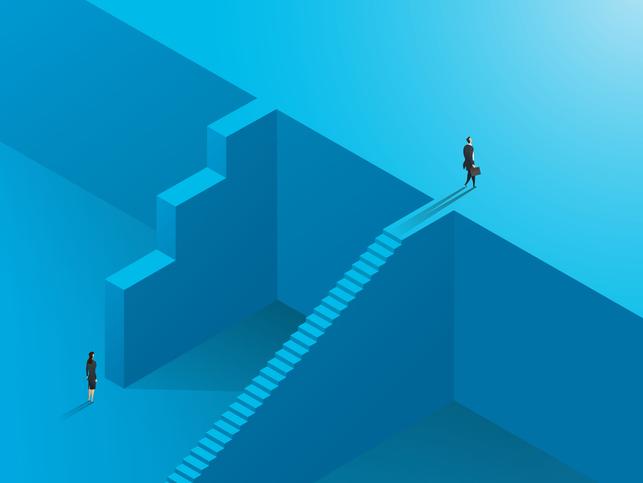Male and female figures scale a very different set of stairs to the top