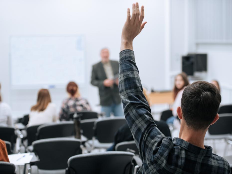 A student putting their hand up in class