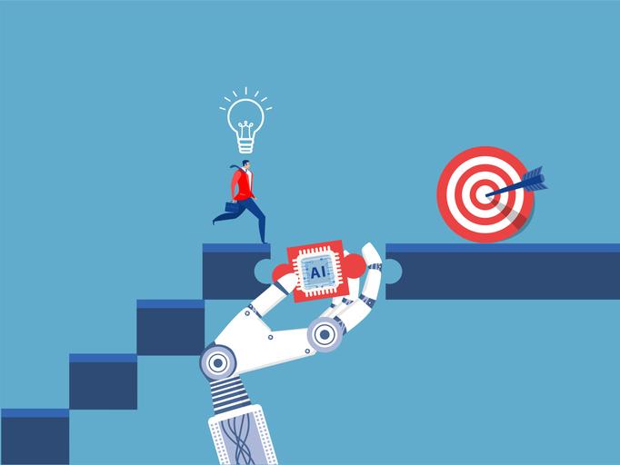 A robot holds up an AI chip to plug the gap between a businessman and his target