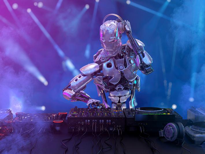 Humanoid robot works the DJ decks