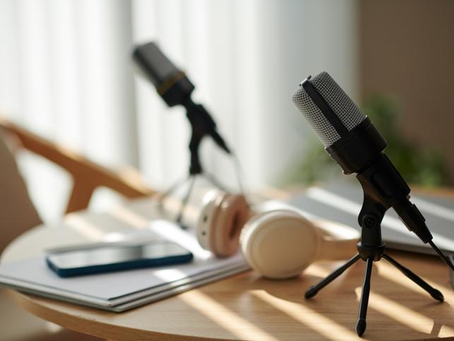 Microphones sit on a table