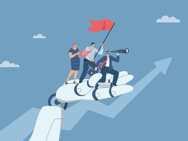 An illustration of a team held aloft by a robot hand