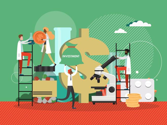An illustration of scientists working to fund their research