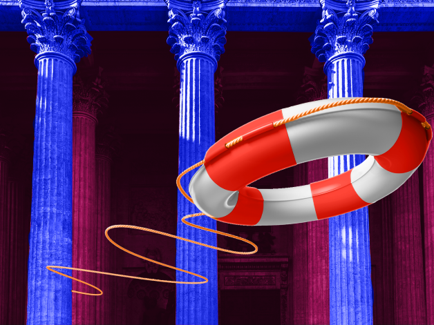 A life ring flotation device being thrown in the air against a backdrop of column-flanked neoclassical building