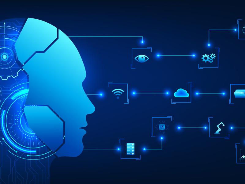 Illustration of a robot's head connecting to various digital functions