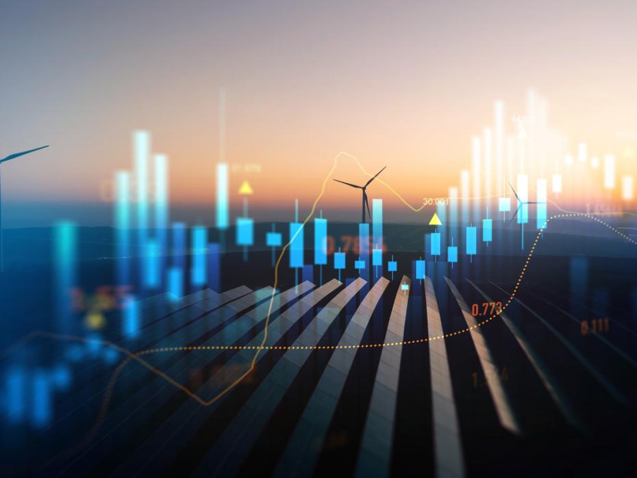 Wind turbines and solar panels across the horizon