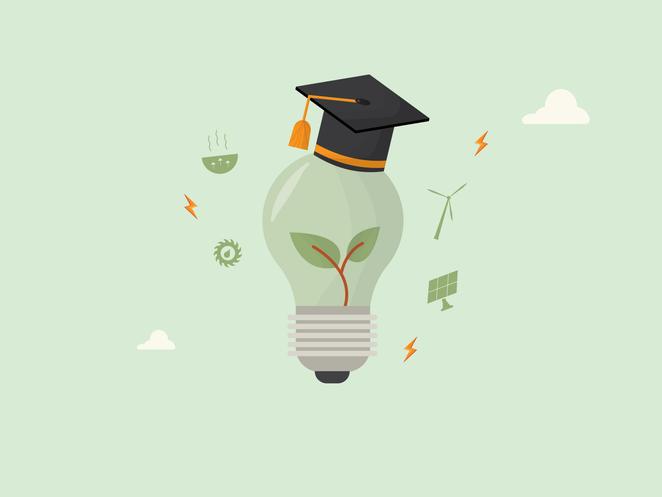 An illustration of a green light bulb, wearing a mortarboard