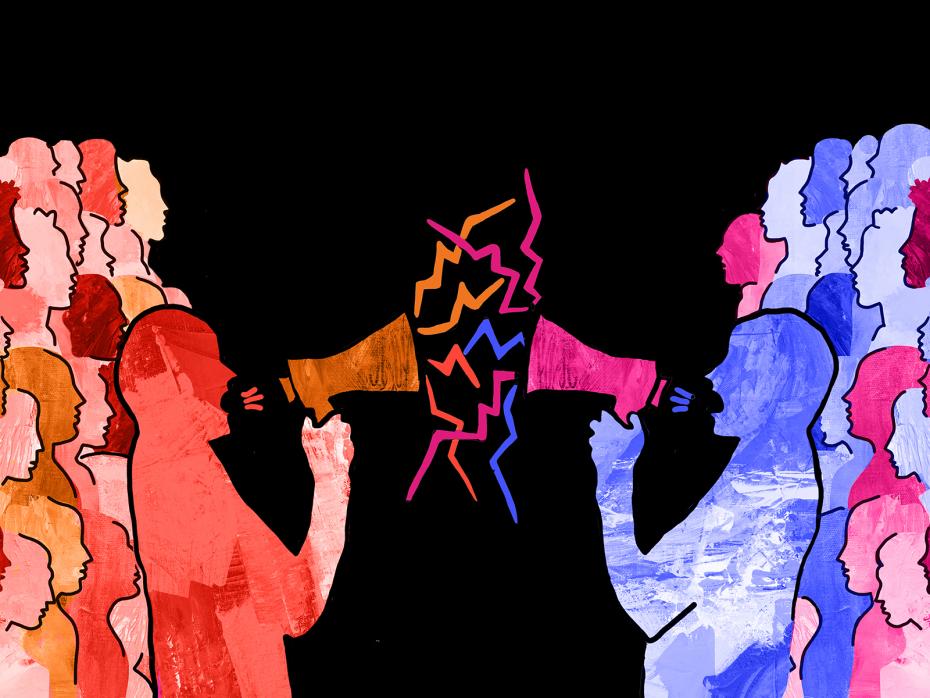 An illustrated image depicting two groups of people arguing with each other headed by a leader holding a megaphone