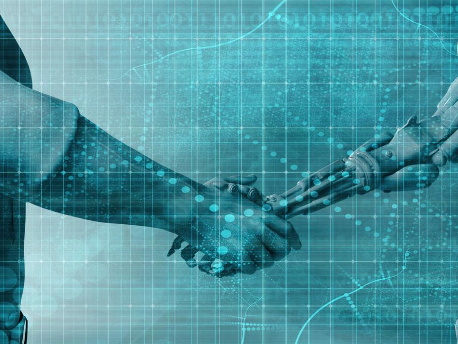 Human embracing AI in a handshake