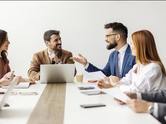 A meeting takes place around a long table