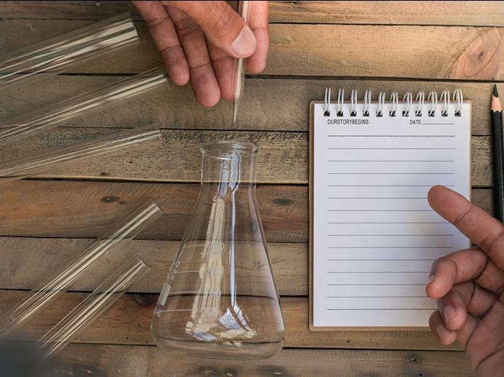 Conical flask, pipette, notebook