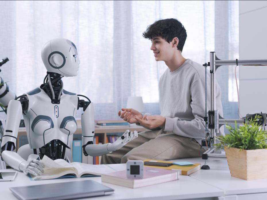 A robot speaking to a student 