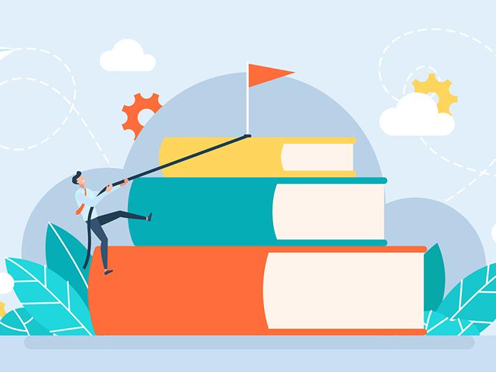 Illustration of man climbing a mountain of books