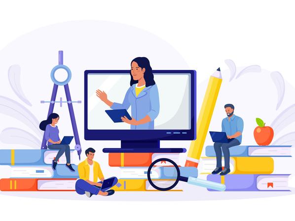 An illustration of a teacher talking through a screen to students