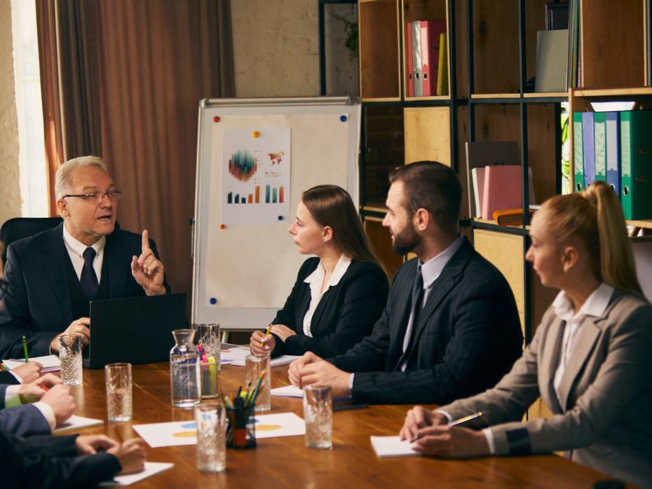 A researcher pitching to a room full of investors