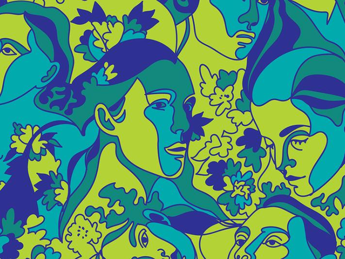 Illustration of faces in blues and greens