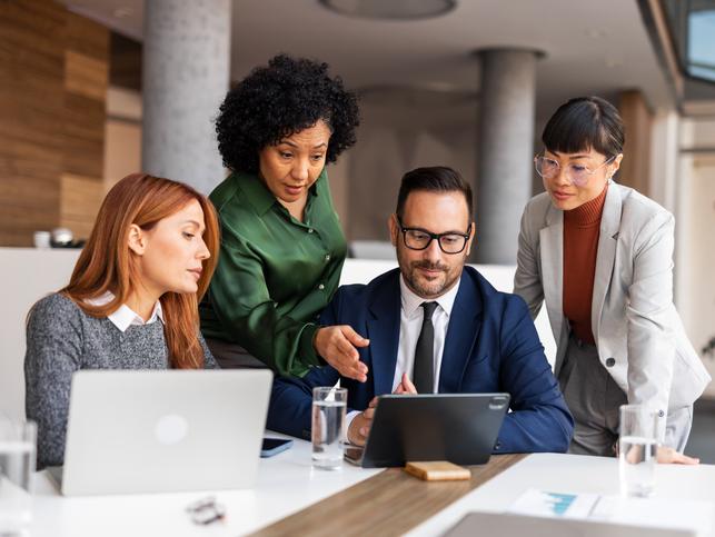 A team collaborates in an office
