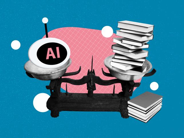 A pair of scales showing a balance between a pile of books and an AI bot