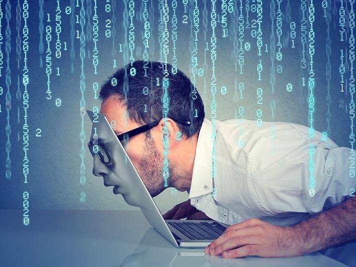 Man falling into laptop screen with numbers in cords in background