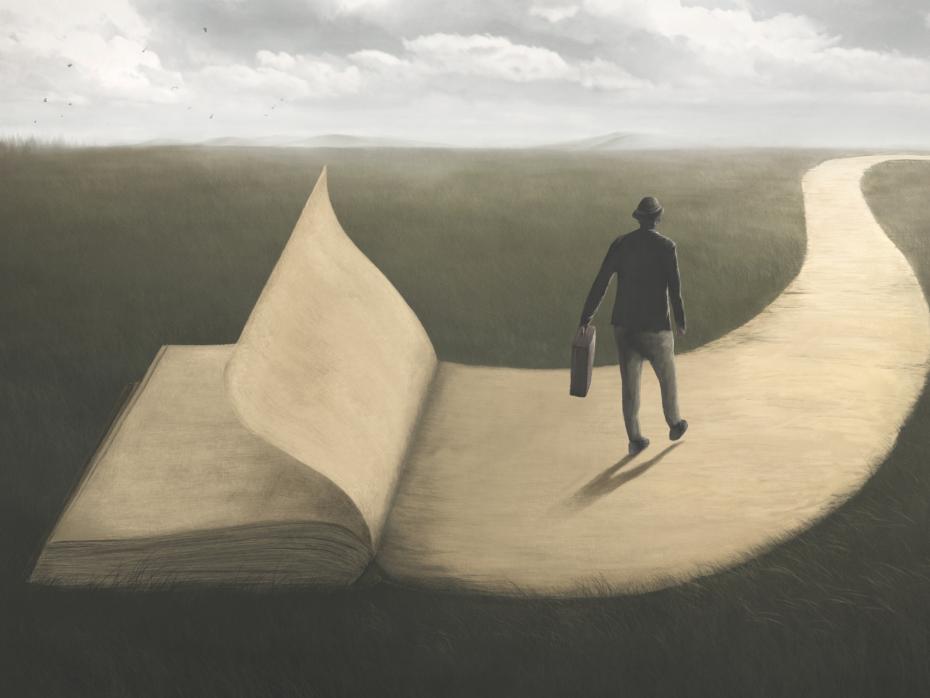 A man embarks on a journey via a book
