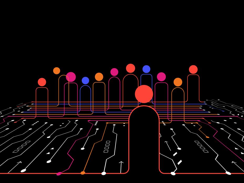 Colourful outlines of people emerging from an illustrated motherboard