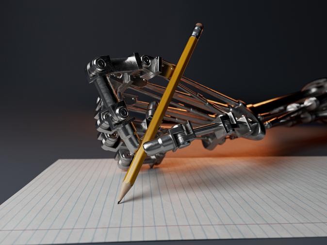 A mechanical robot hand writes on a notepad