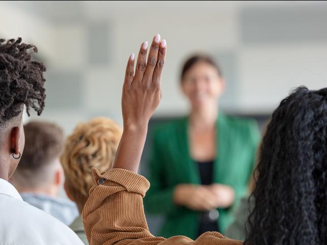 A student raises a hand in the classroom