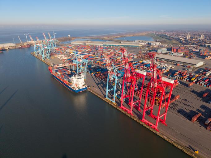 A birds eye view of a shipping port
