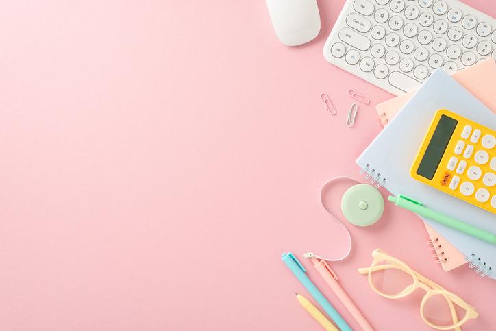 A jumble of everyday objects, including a calculator