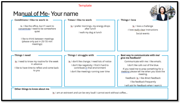 Template for the 'manual of me' team-building exercise showing sample questions
