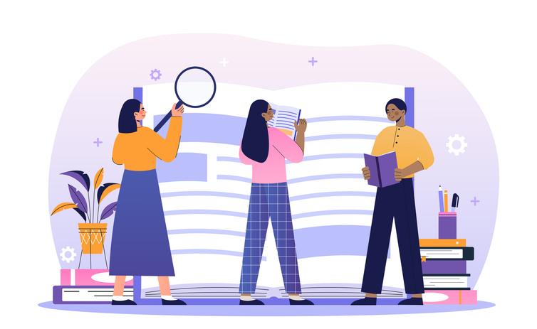 An illustration of people working with a giant book