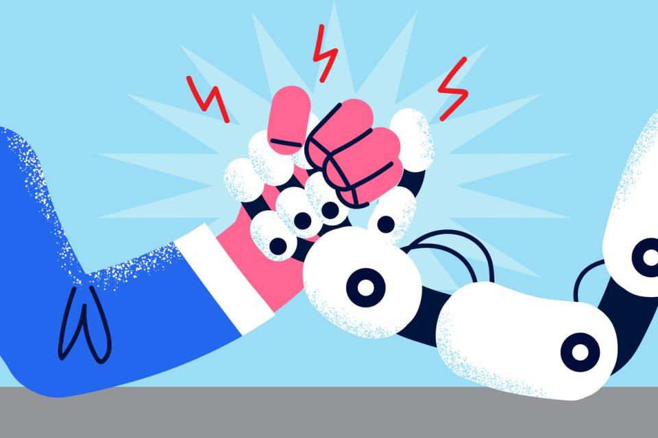 A catoon image of a robot and human arm wrestling