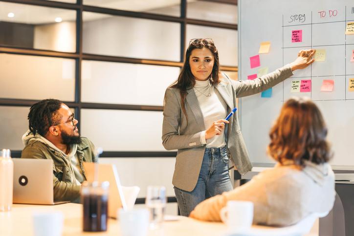 A team works on a project using a whiteboard