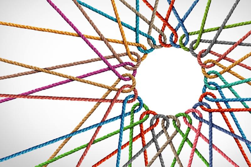 Circle of connected coloured ropes