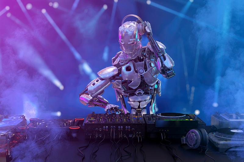 Humanoid robot works the DJ decks