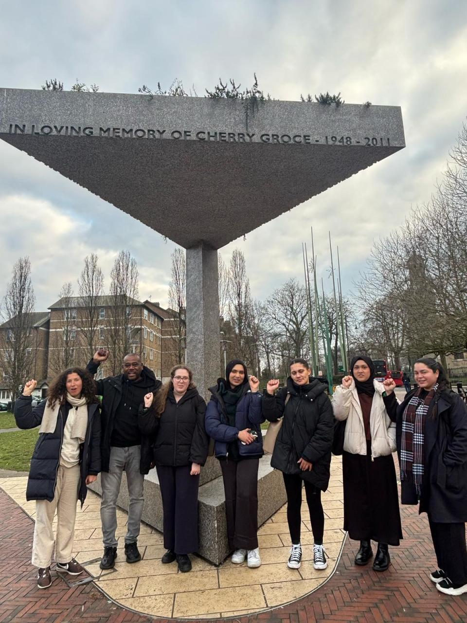 INQUEST interns at the Cherry Groce Memorial with Lee Lawrence (Advocate and Campaigner), Windrush Square, Brixton