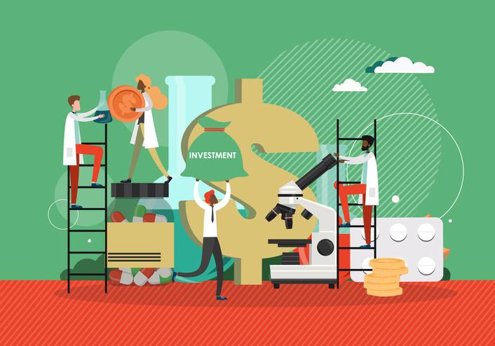 An illustration of scientists working to fund their research