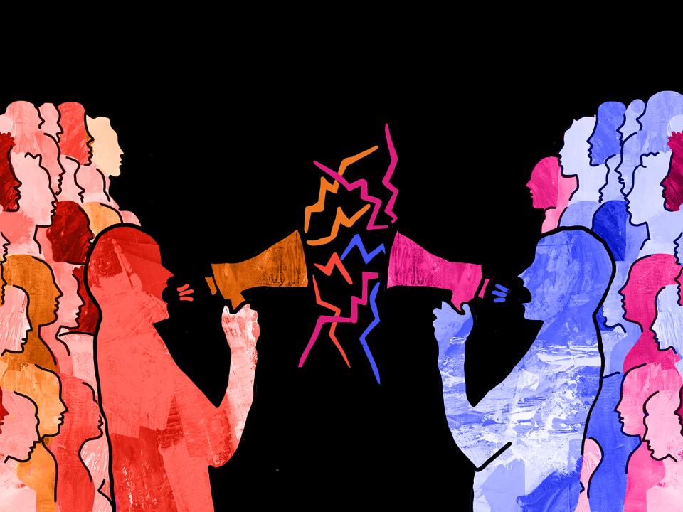 An illustrated image depicting two groups of people arguing with each other headed by a leader holding a megaphone