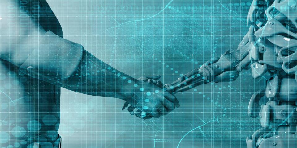 Human embracing AI in a handshake