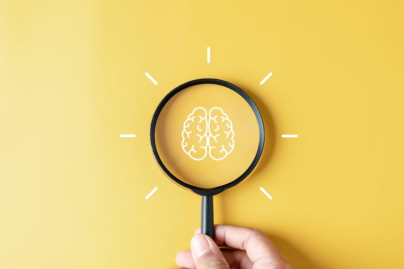 Magnifying glass looking at a brain, illustration