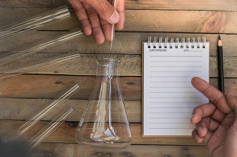 Conical flask, pipette, notebook