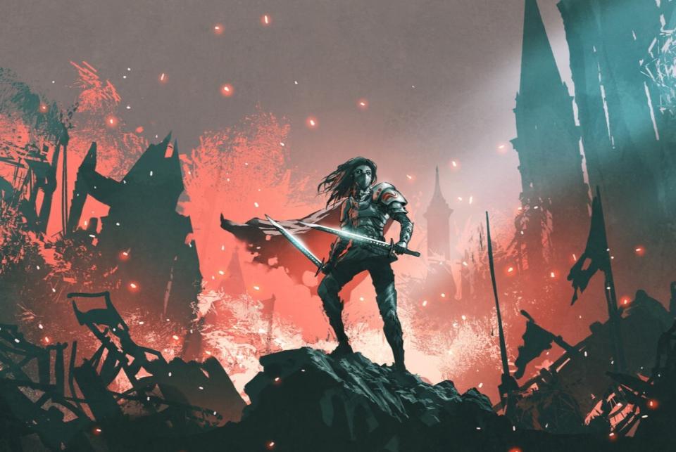 A warrior stands in a fiery wreckage