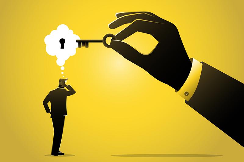 Illustration of puzzled man with hand unlocking keyhole in thought bubble