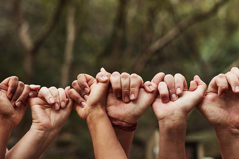Hands linked in a line