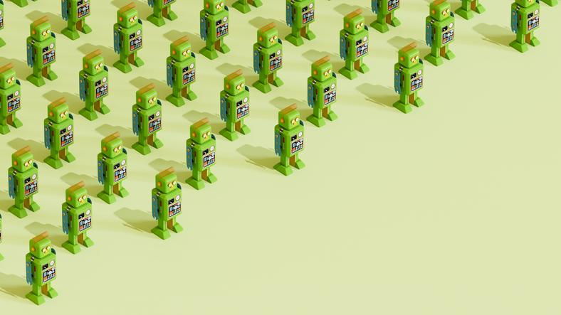 An army of toy robots stand in formation