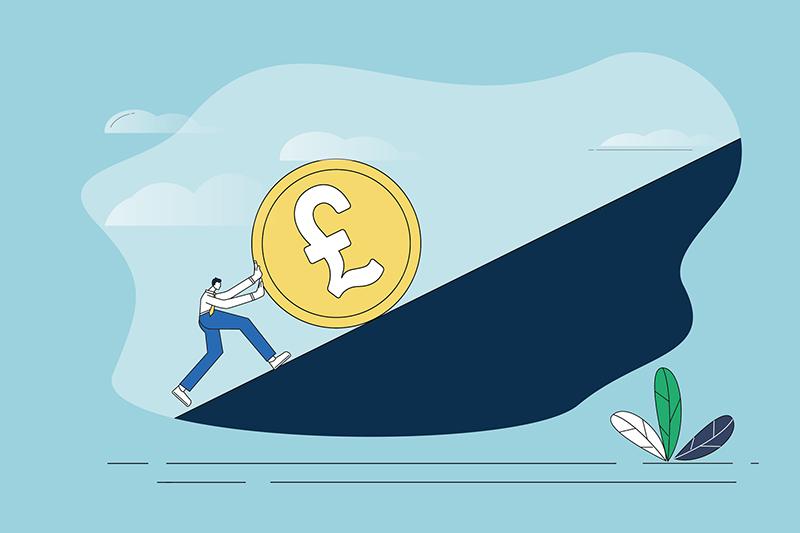 Man pushing pound coin up a hill in Sisyphys metaphor for research funding